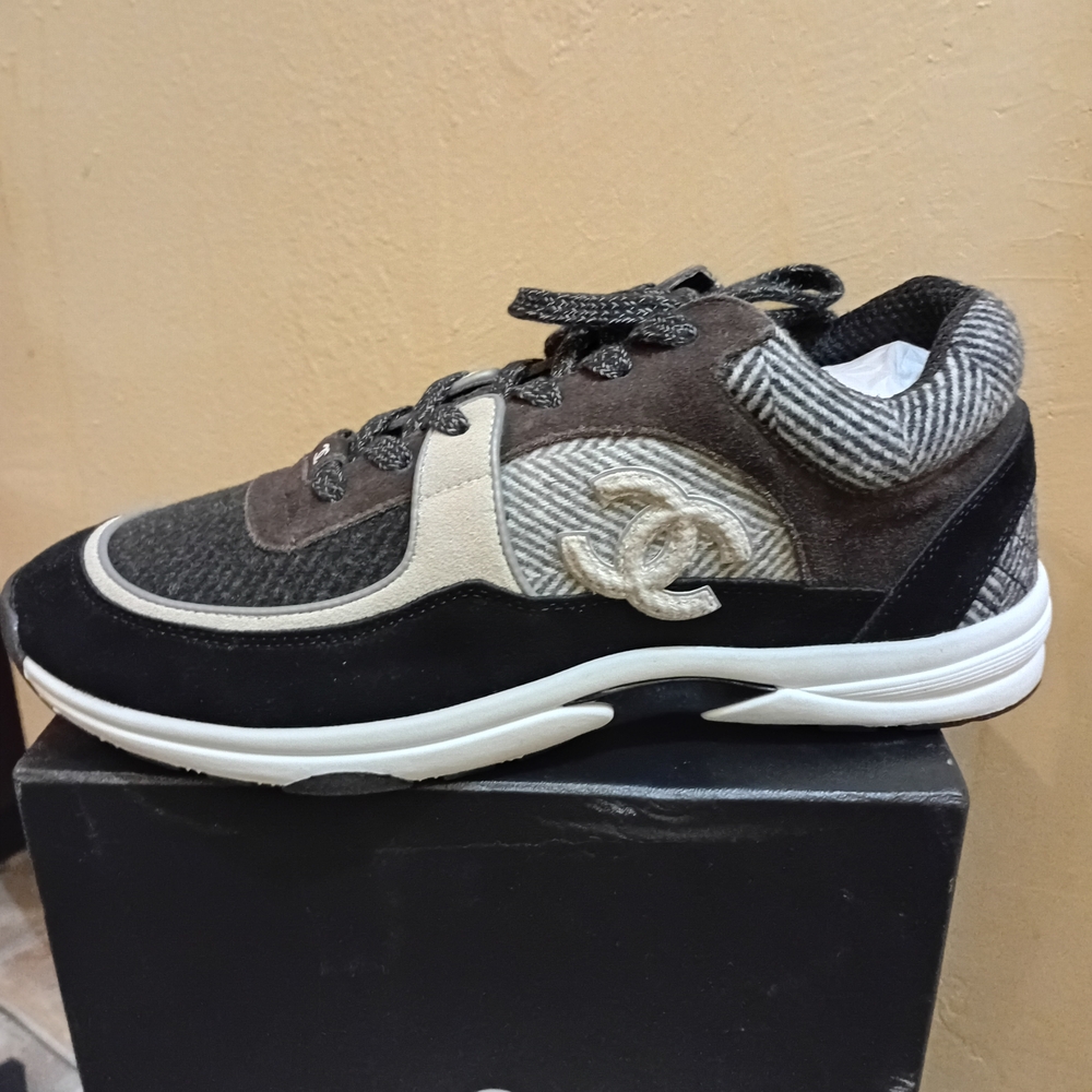 CHANEL Black, Brown, and Cream Sneakers
